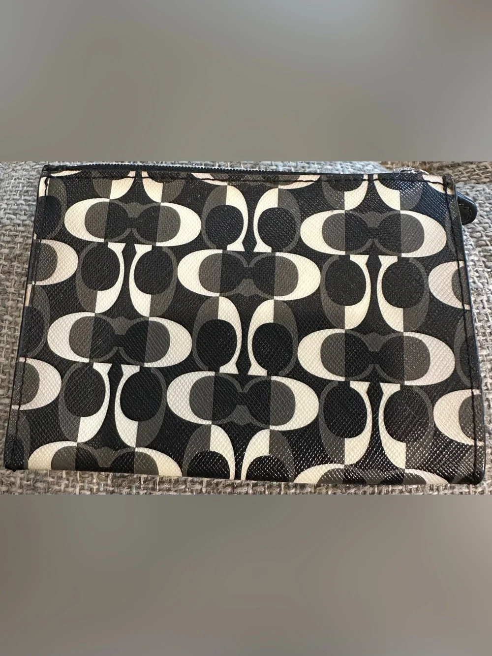 Coach Op Art Signature Zip Card Case Mini Skinny ID Wallet Black Gray White EUC